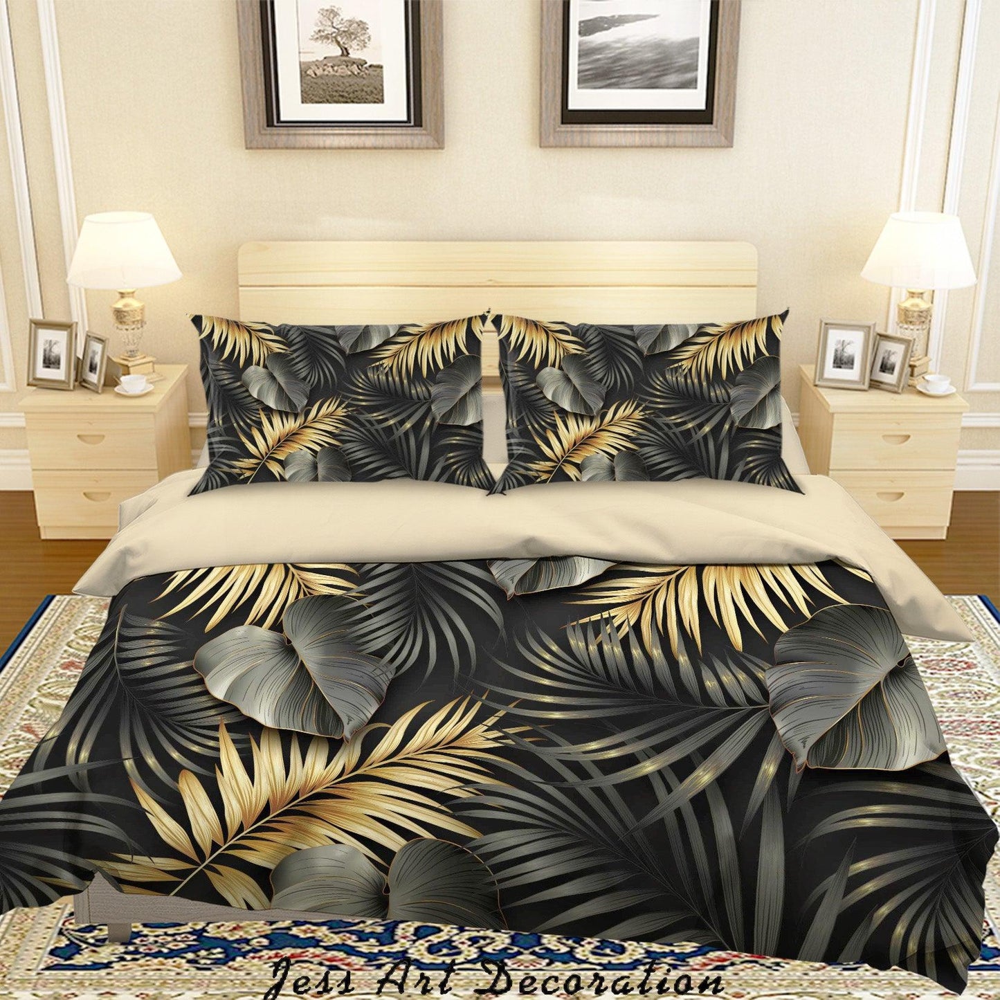 3D Black Golden Leaves Quilt Cover Set Bedding Set Duvet Cover Pillowcases SF69