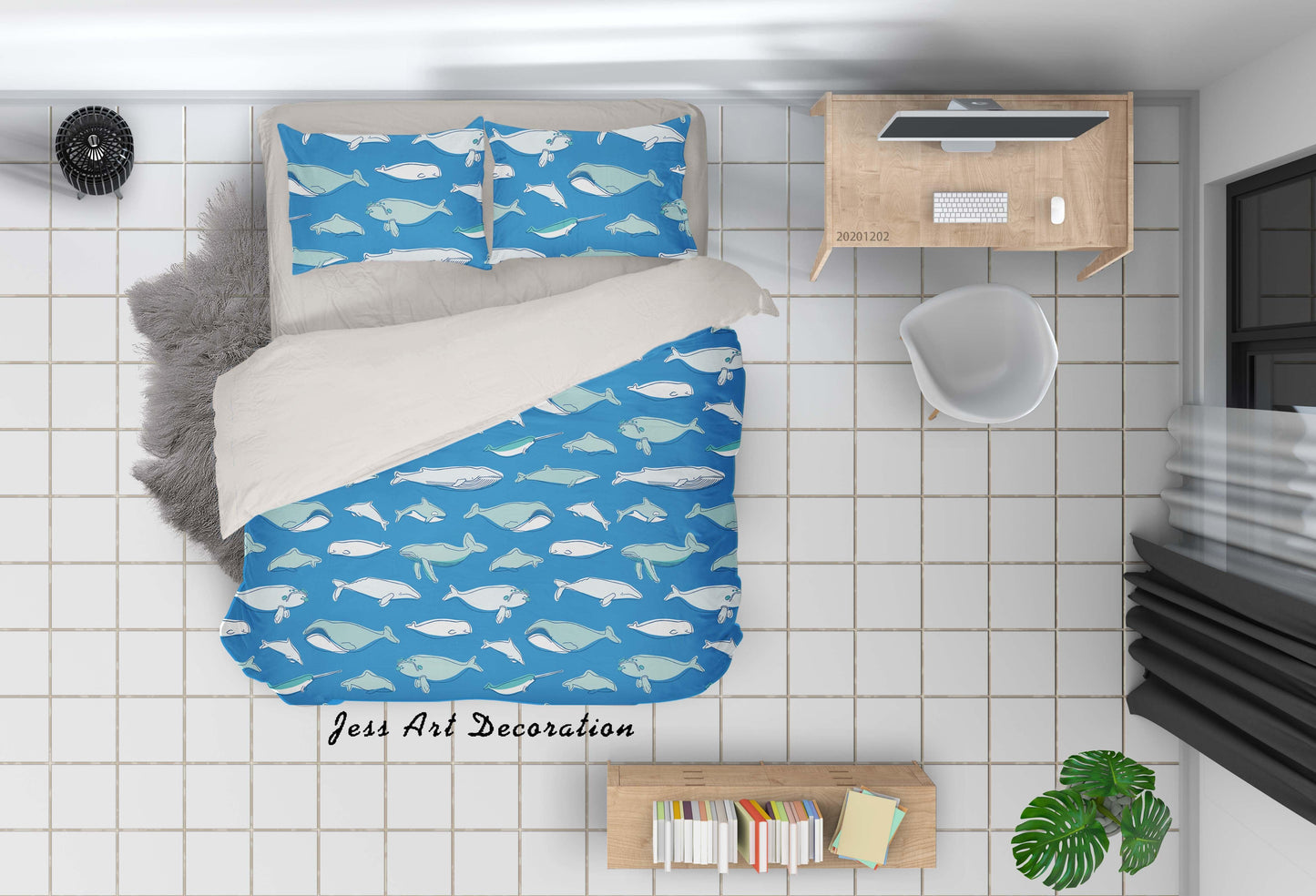 3D Cartoon Hand Drawn Blue Whale Fish Pattern Quilt Cover Set Bedding Set Duvet Cover Pillowcases LXL