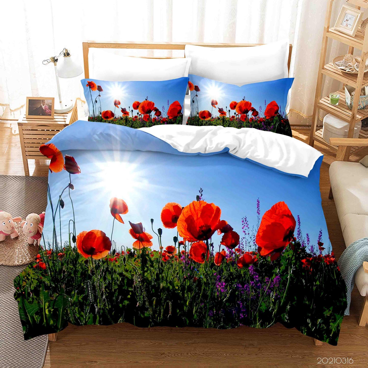 3D Blue Sky Sunshine Poppy Floral Quilt Cover Set Bedding Set Duvet Cover Pillowcases 146