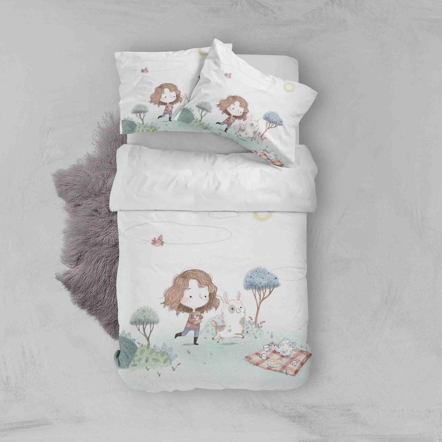 3D Cartoon Girl Sheep Trees Plants Picnic Quilt Cover Set Bedding Set Duvet Cover Pillowcases SF055