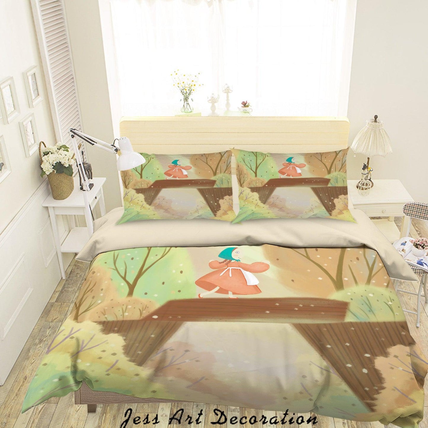 3D Cartoon Girl Bridge Tree Quilt Cover Set Bedding Set Duvet Cover Pillowcases A592 LQH