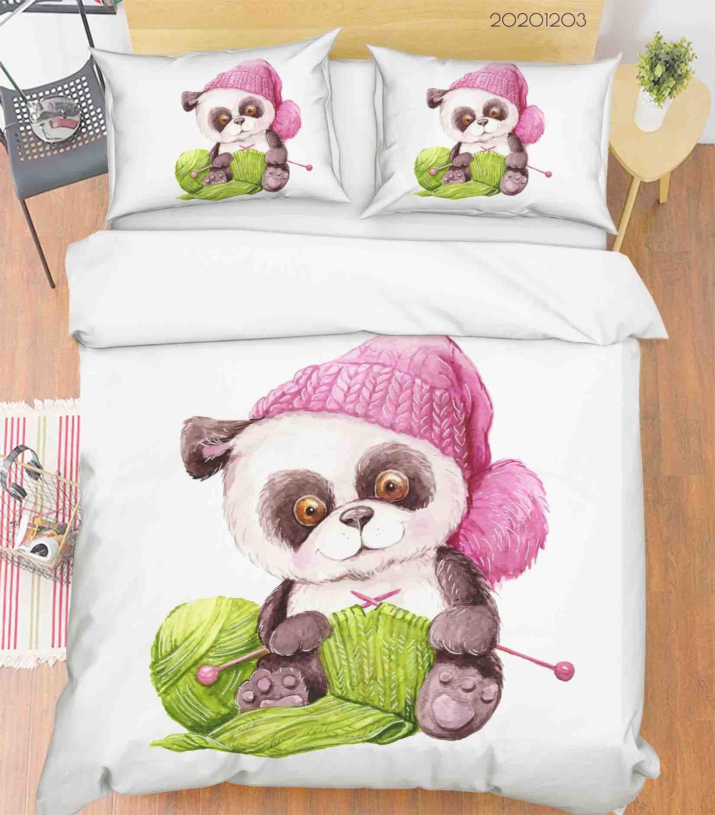 3D Cartoon Hand Drawn Pink Wool Cap Green Knitting Panda Animal Quilt Cover Set Bedding Set Duvet Cover Pillowcases LXL
