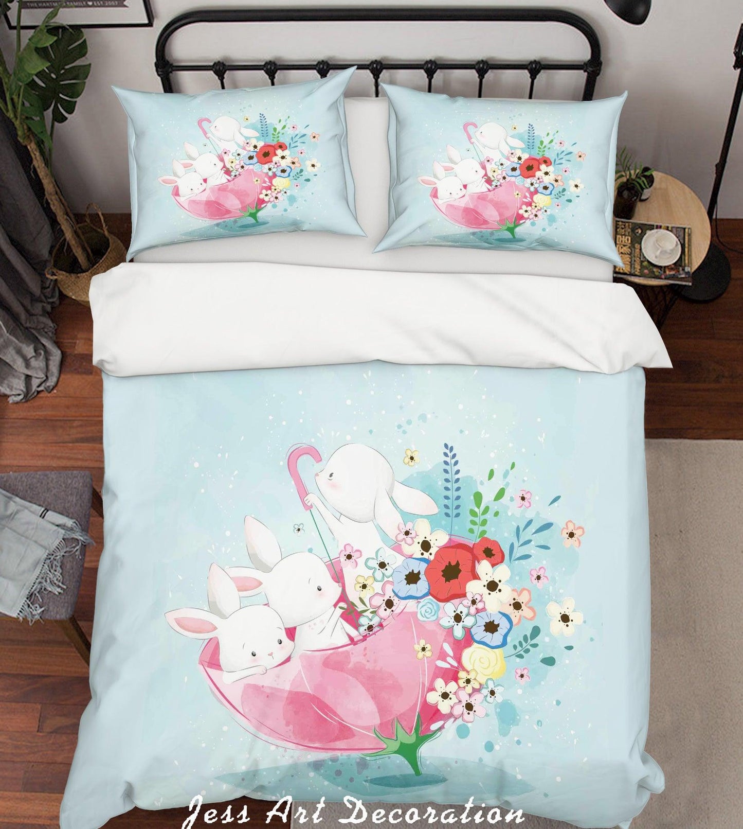 3D Blue Rabbit Umbrella Floral Quilt Cover Set Bedding Set Duvet Cover Pillowcases SF98