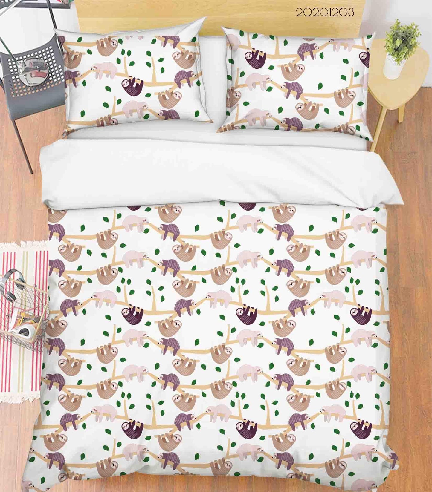 3D Cartoon Hand Drawn Cute Sloth Plant Illustration Animal Quilt Cover Set Bedding Set Duvet Cover Pillowcases LXL