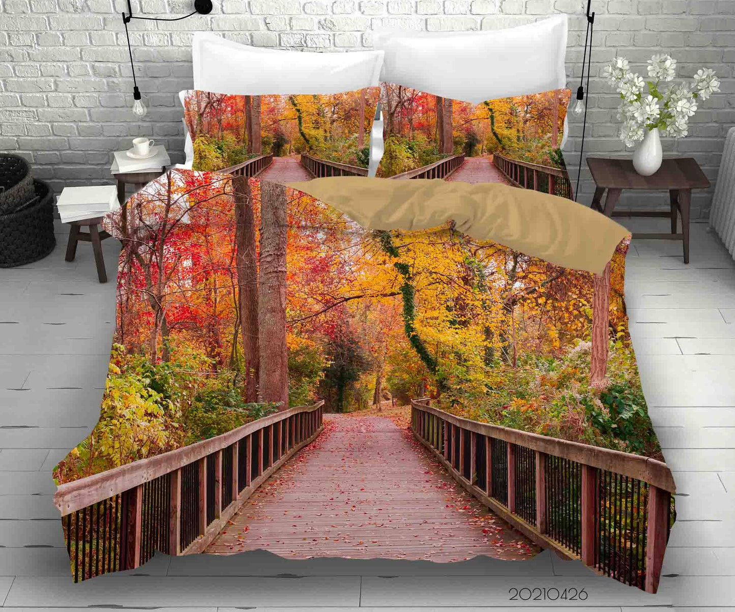 3D Autumn Forest Bridge Landscape Quilt Cover Set Bedding Set Duvet Cover Pillowcases 247