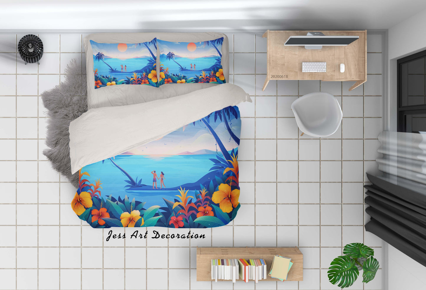 3D Blue Sea Floral Coconut Tree Quilt Cover Set Bedding Set Duvet Cover Pillowcases SF52