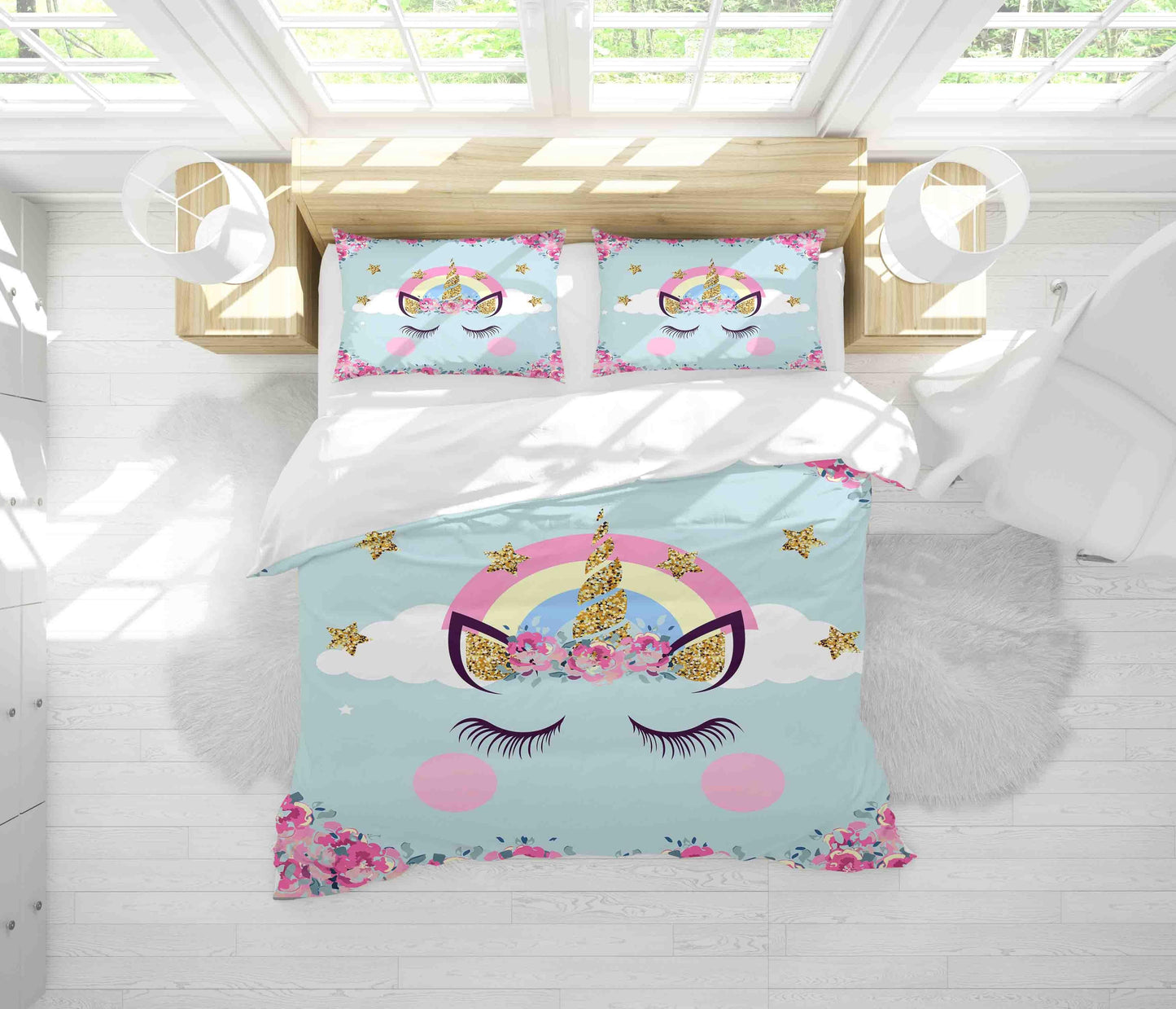 3D Blue Floral Rainbow Unicorn Quilt Cover Set Bedding Set Pillowcases 86