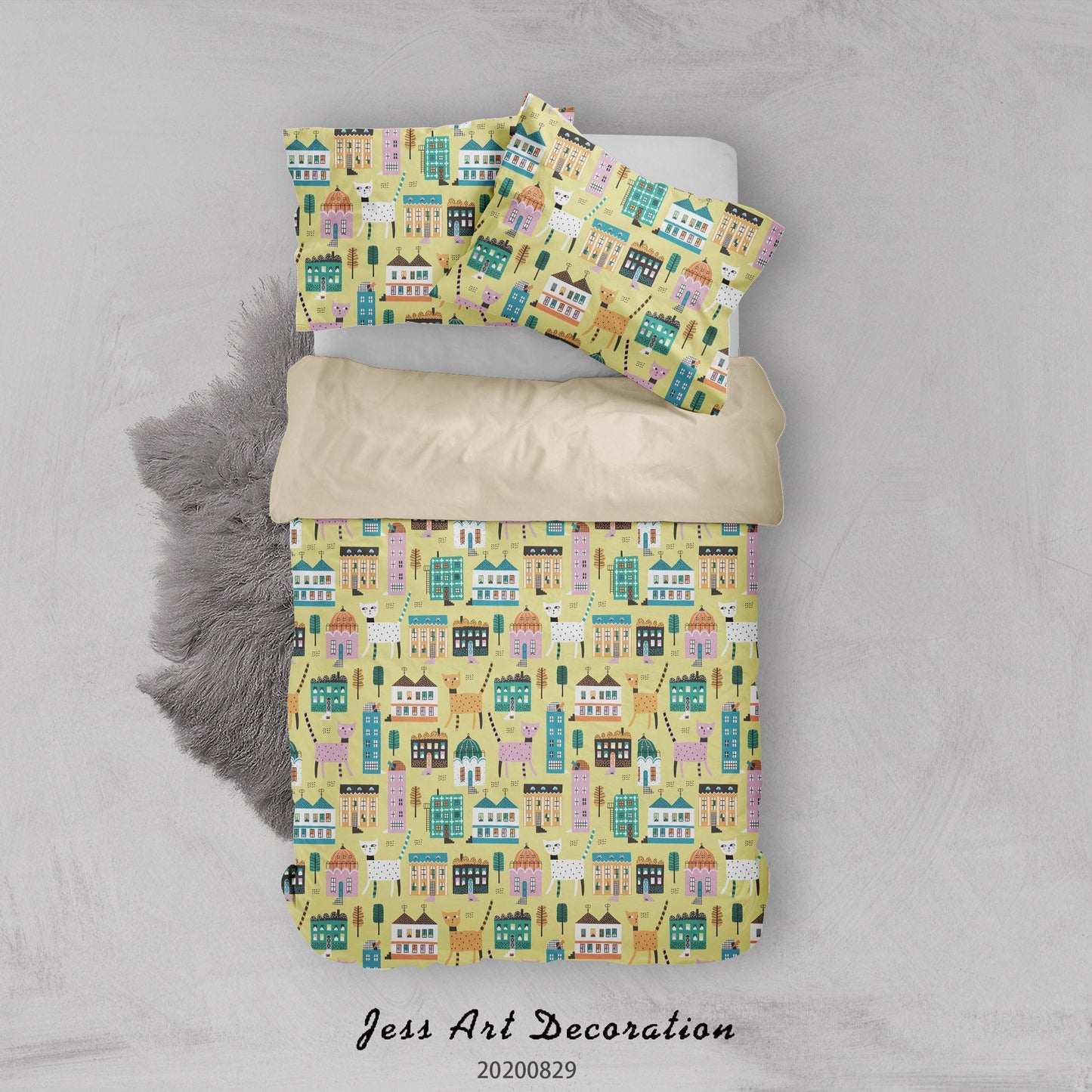 3D Abstract Hand Draw Cartoon Nature Cat House Pattern Quilt Cover Set Bedding Set Duvet Cover Pillowcases WJ 3516