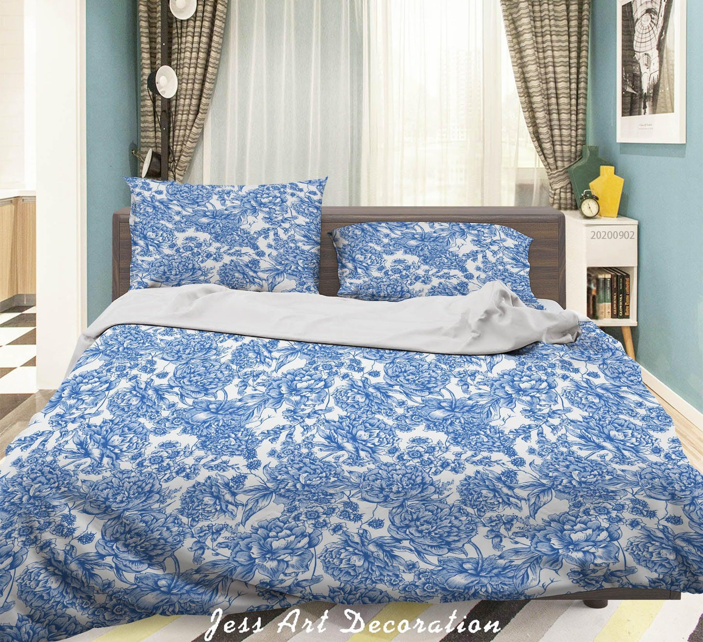 3D Blue Flowers Leaves Pattern Quilt Cover Set Bedding Set Duvet Cover Pillowcases WJ 1472