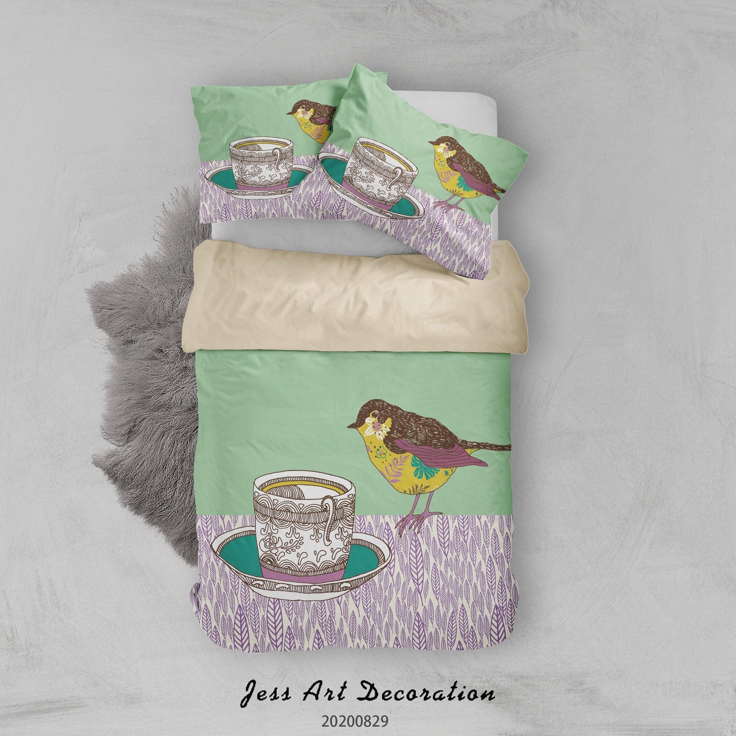3D Abstract Hand Draw Cartoon Bird Teacup Pattern Quilt Cover Set Bedding Set Duvet Cover Pillowcases WJ 3555