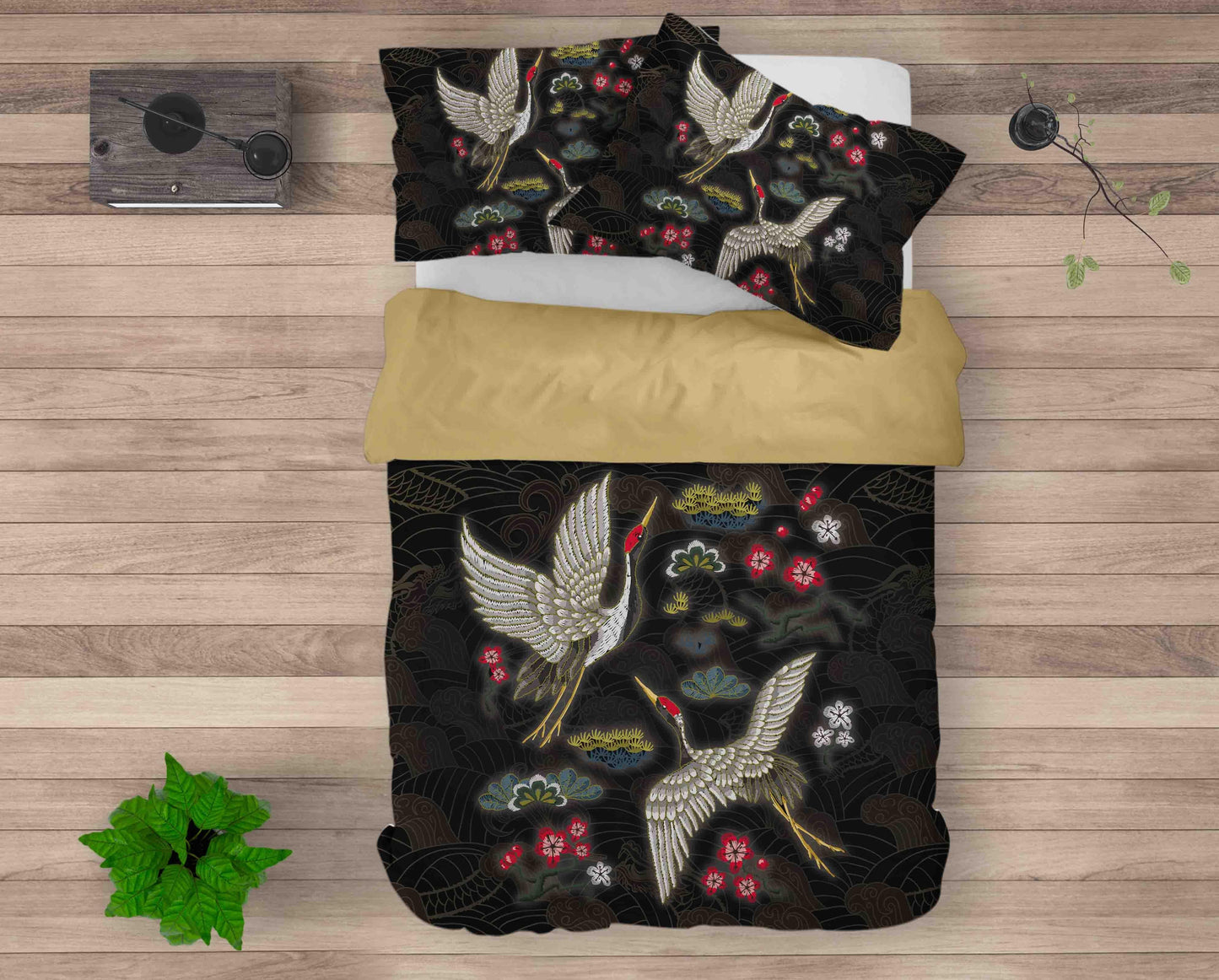 3D Black Crane Floral Quilt Cover Set Bedding Set Duvet Cover Pillowcases SF004
