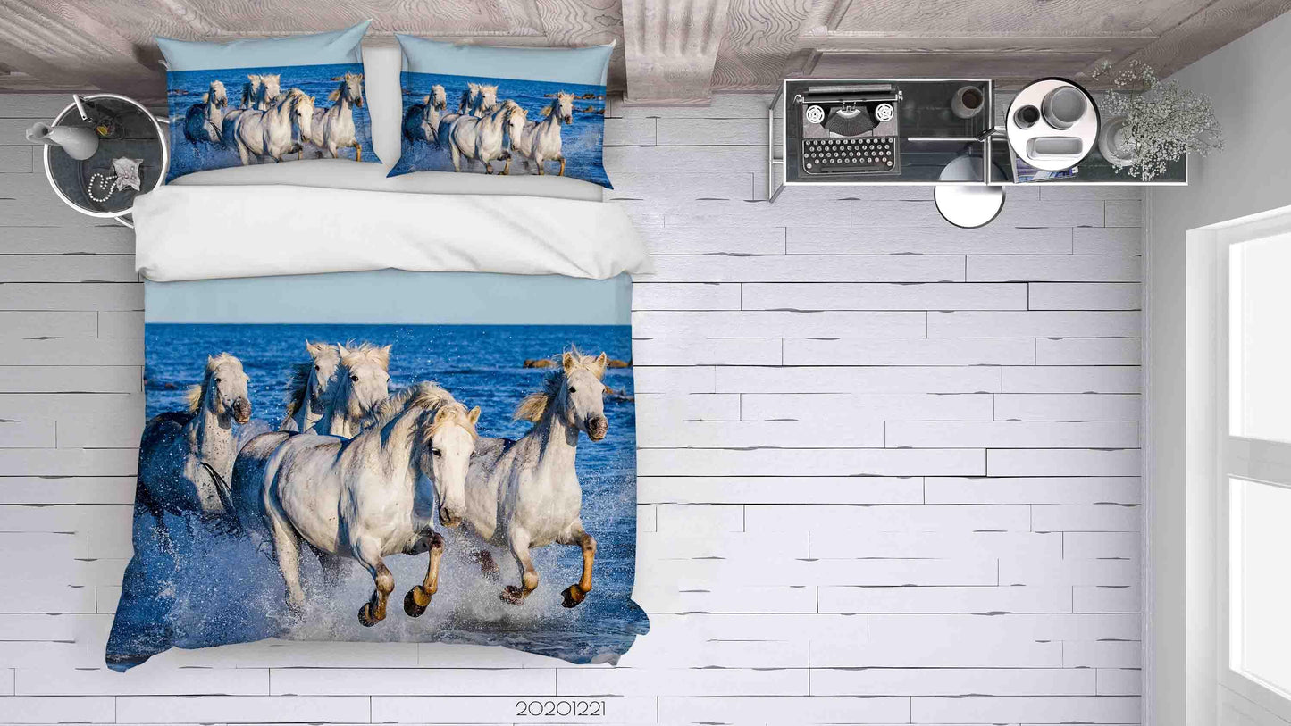 3D Blue Sea White Running Horse Quilt Cover Set Bedding Set Duvet Cover Pillowcases 200 LQH