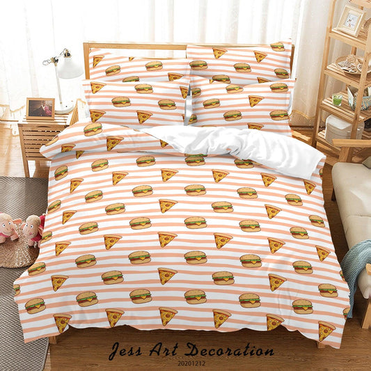 3D Cartoon Pizza Burger Pink Stripe Pattern Quilt Cover Set Bedding Set Duvet Cover Pillowcases LXL