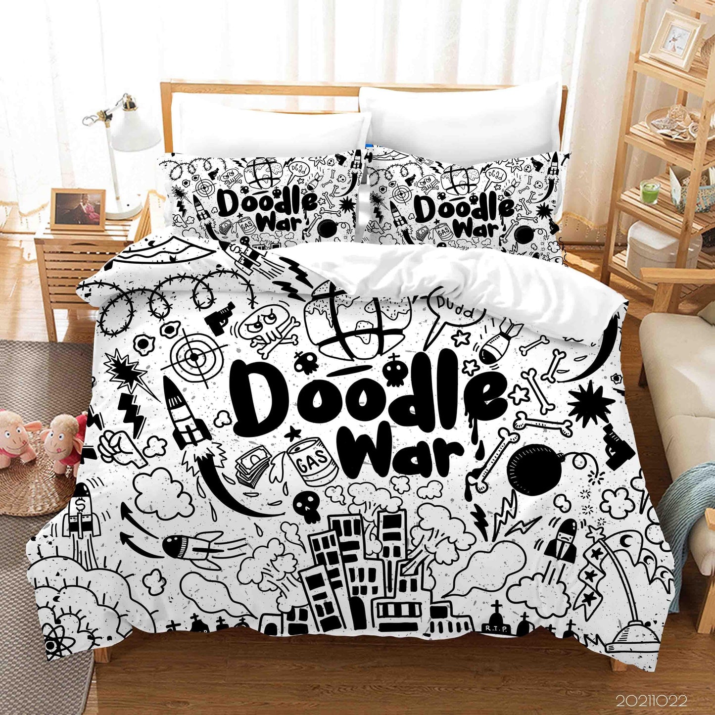 3D Cartoon City Rocket War Doodle Quilt Cover Set Bedding Set Duvet Cover Pillowcases 34