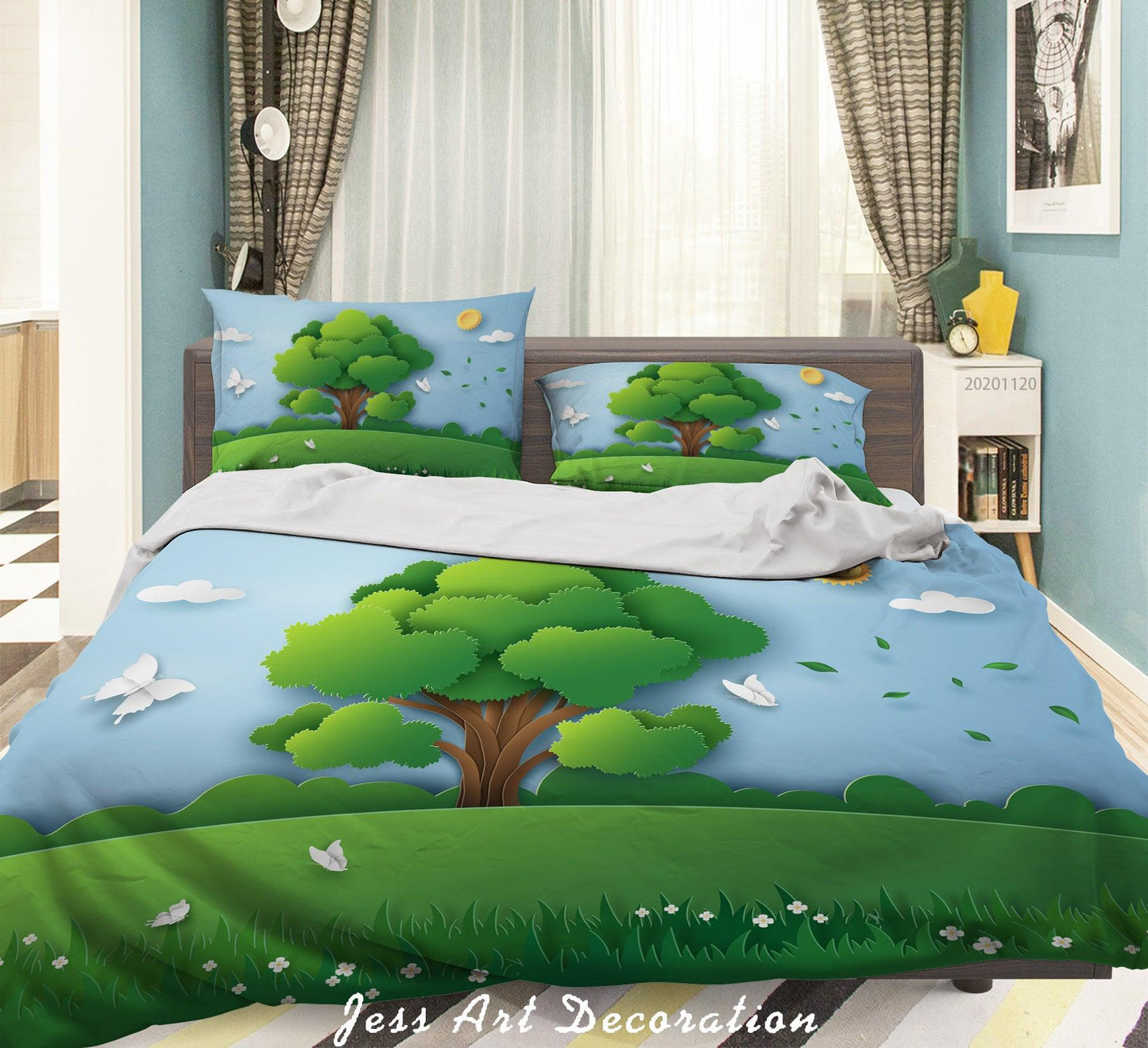 3D Cartoon Blue Sky Green Tree Plant Butterfly Quilt Cover Set Bedding Set Duvet Cover Pillowcases LXL