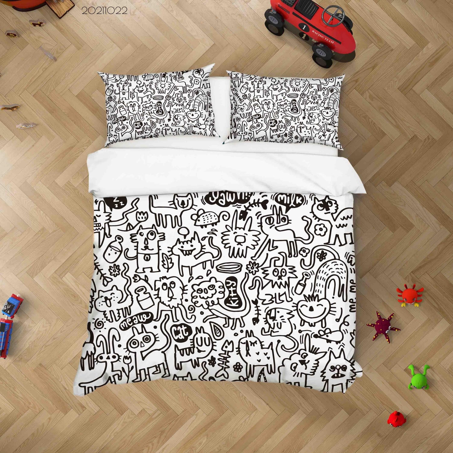 3D Cartoon Animal Cat Graffiti Quilt Cover Set Bedding Set Duvet Cover Pillowcases 18