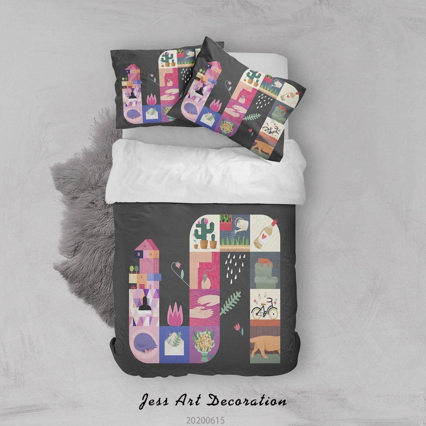 3D Black Cartoon House Cat Flowers Cactus Quilt Cover Set Bedding Set Duvet Cover Pillowcases SF68