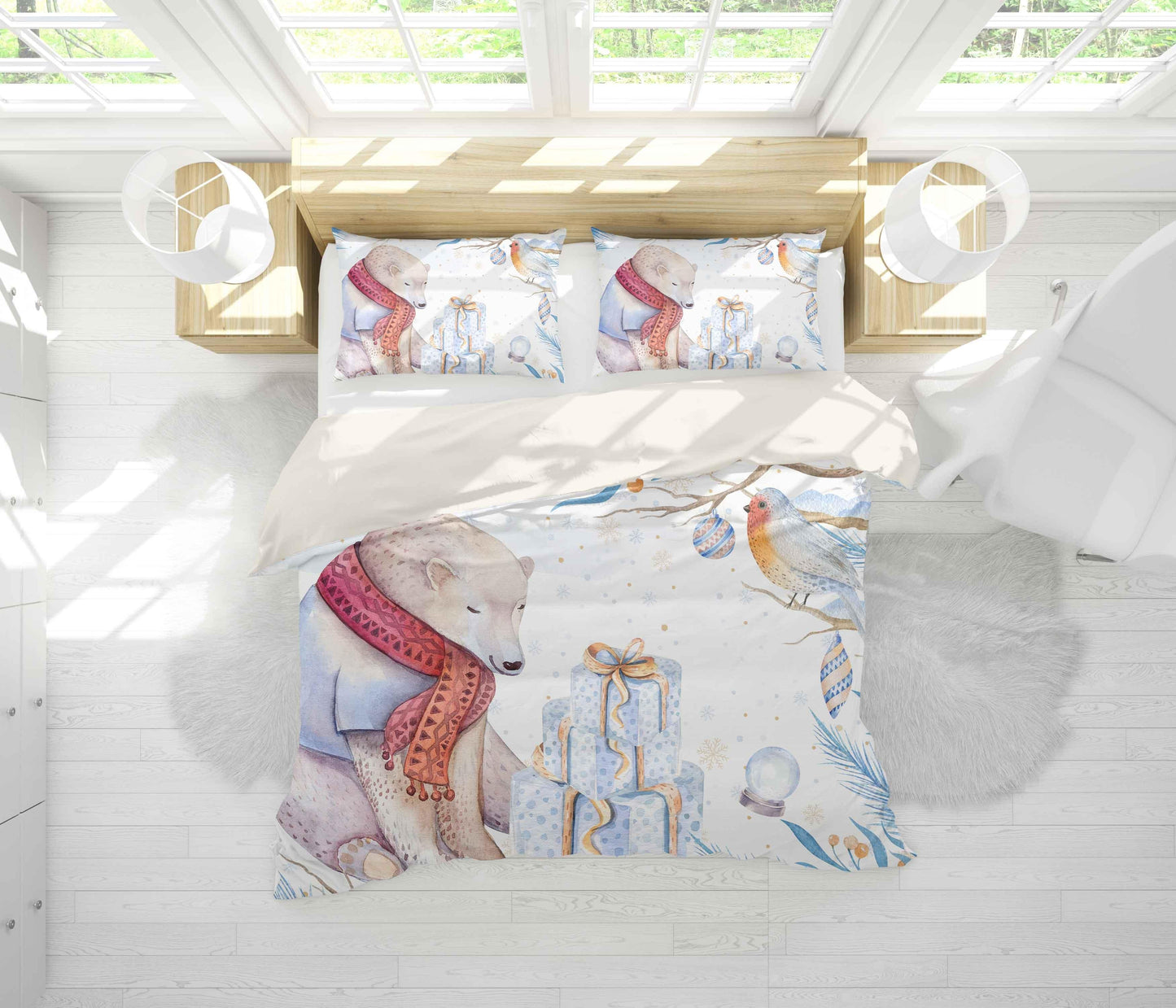 3D Blue Bear Bird Gift Snowflake Quilt Cover Set Bedding Set Pillowcases 43