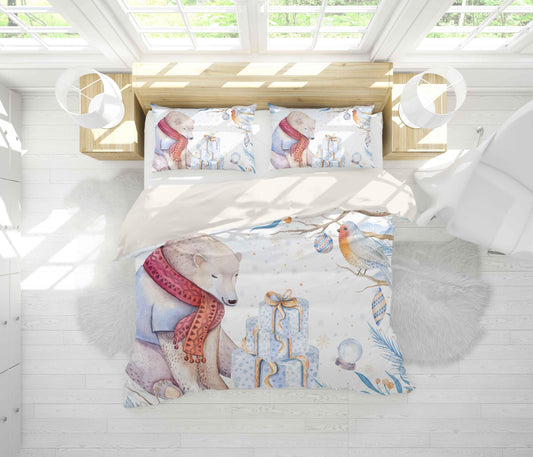 3D Blue Bear Bird Gift Snowflake Quilt Cover Set Bedding Set Pillowcases 43