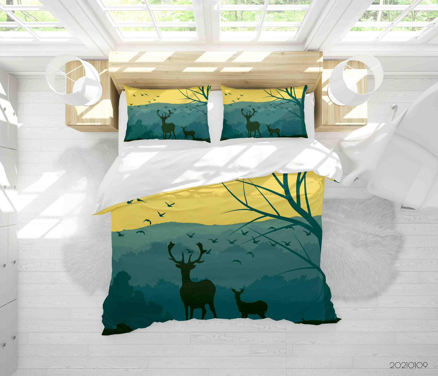 3D Cartoon Green Forest Animal Elk Quilt Cover Set Bedding Set Duvet Cover Pillowcases 47 LQH