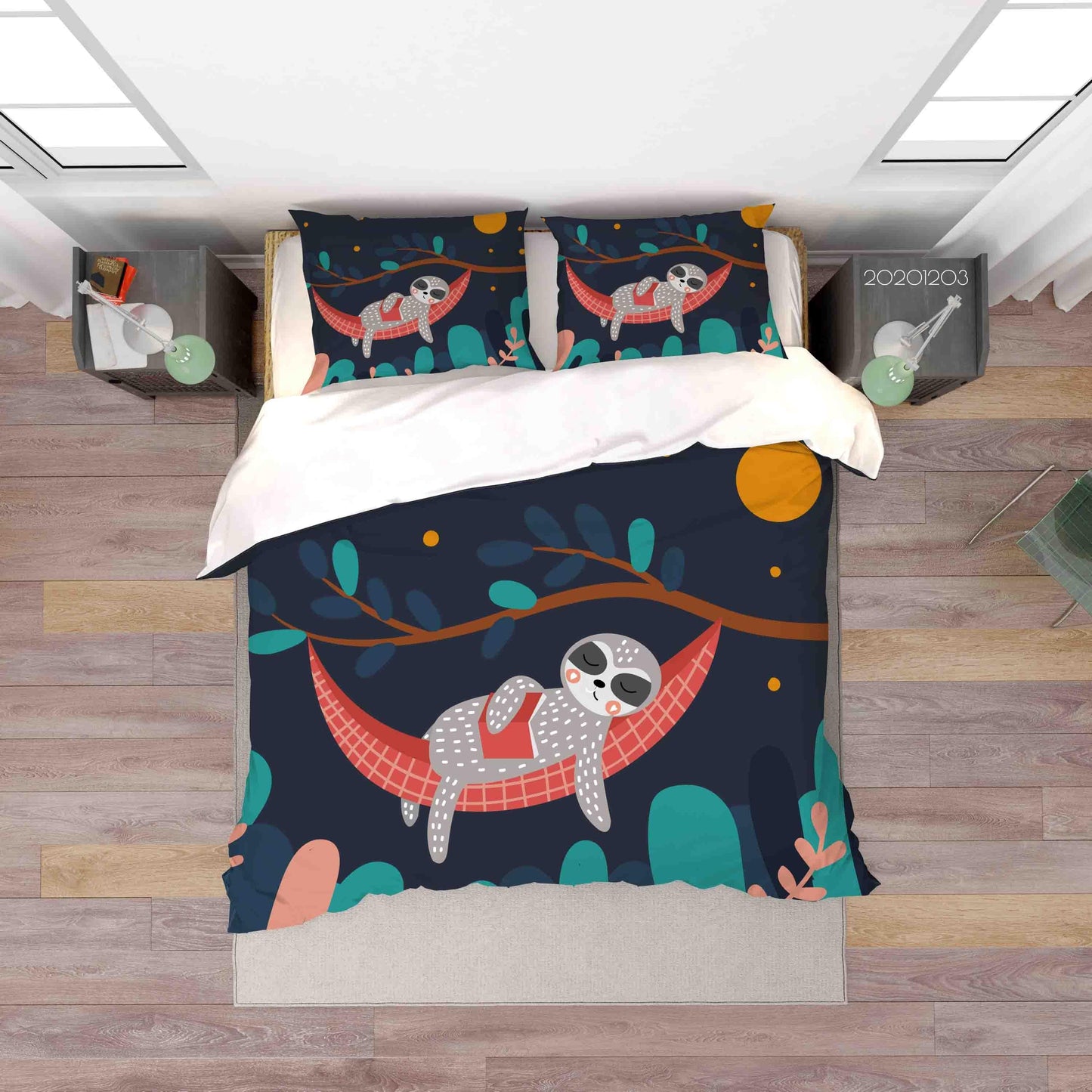 3D Cartoon Hand Drawn Sleeping Sloth Animal Moon Tree Quilt Cover Set Bedding Set Duvet Cover Pillowcases LXL