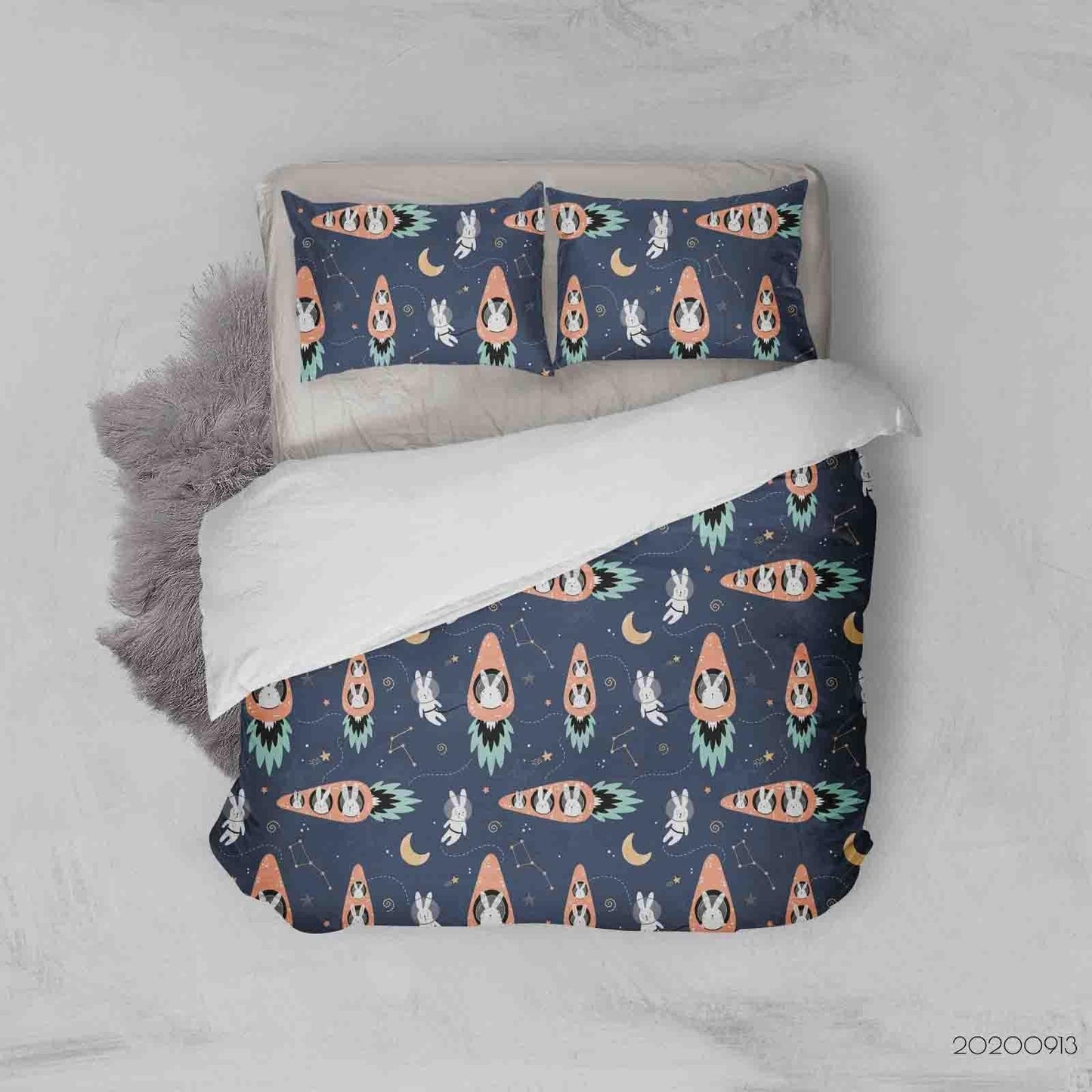3D  Cute Hares Carrots Rockets Pattern Quilt Cover Set Bedding Set Duvet Cover Pillowcases WJ 1824