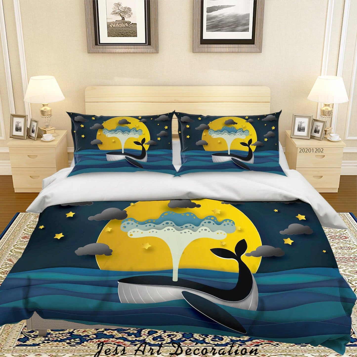 3D Cartoon Night Full Moon Star Cloud Ocean Whale Quilt Cover Set Bedding Set Duvet Cover Pillowcases LXL