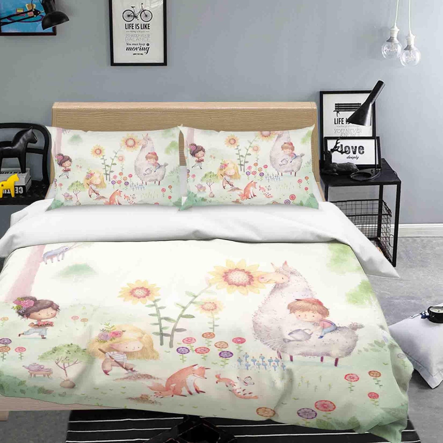 3D Cartoon Girl Floral Sunflowers Sheep Quilt Cover Set Bedding Set Duvet Cover Pillowcases SF062