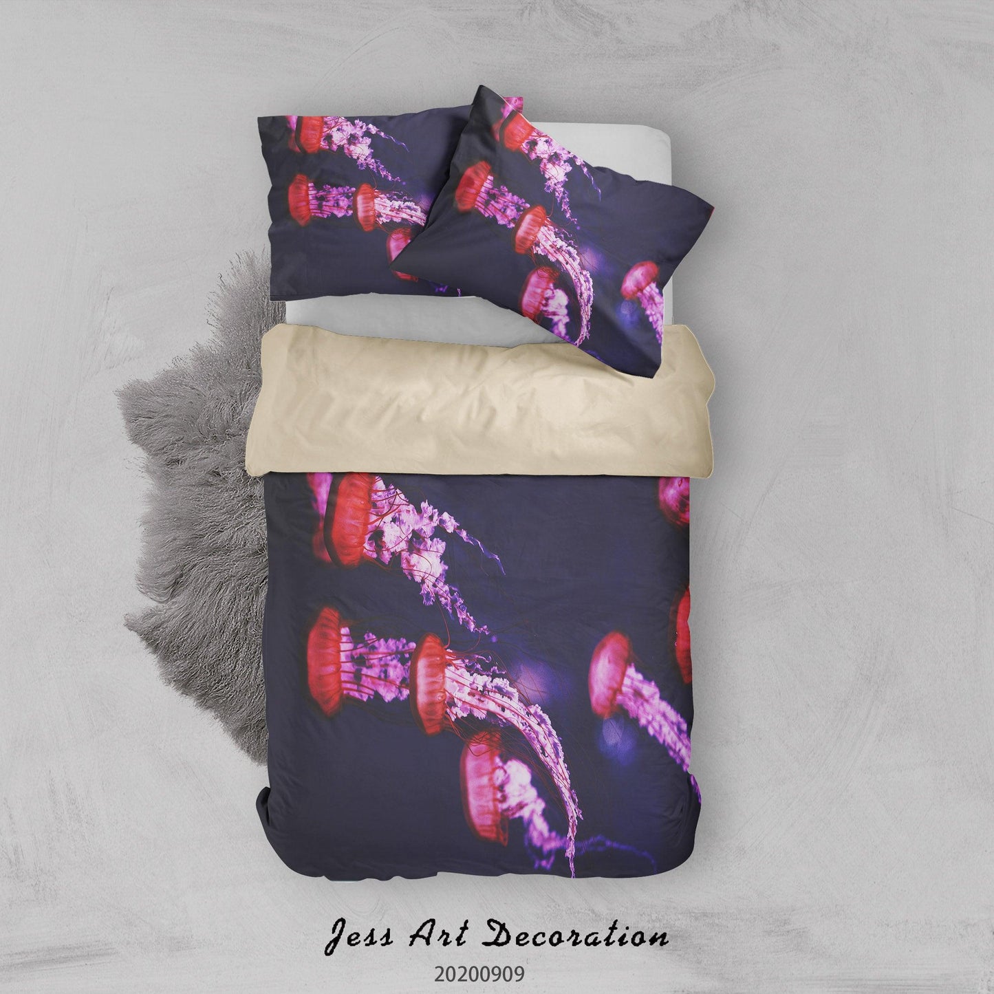 3D Beautiful Red Purple Jellyfishes Underwater Quilt Cover Set Bedding Set Duvet Cover Pillowcases WJ 1908