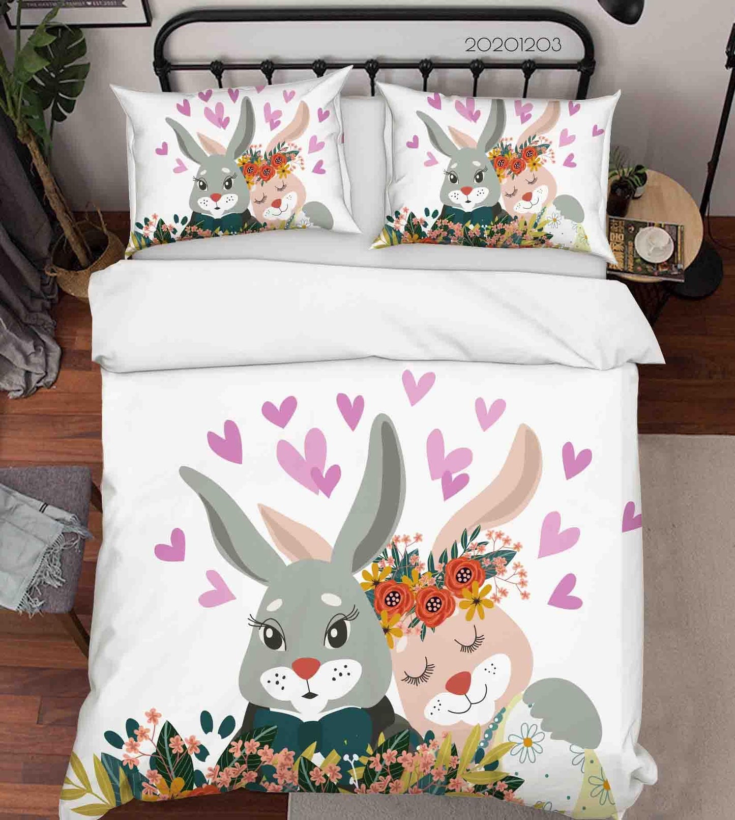3D Cartoon Hand Drawn Bunny Couple Animal Floral Plant Heart Quilt Cover Set Bedding Set Duvet Cover Pillowcases LXL