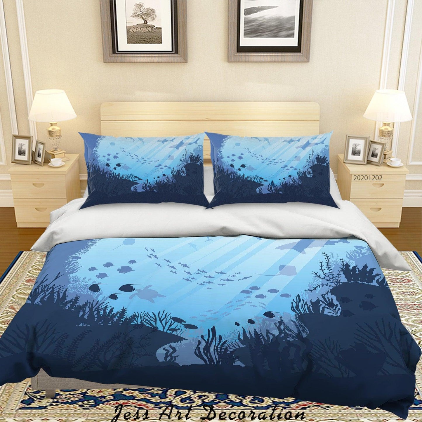 3D Cartoon Dark Blue Ocean Seaweed Fish Shadow Quilt Cover Set Bedding Set Duvet Cover Pillowcases LXL