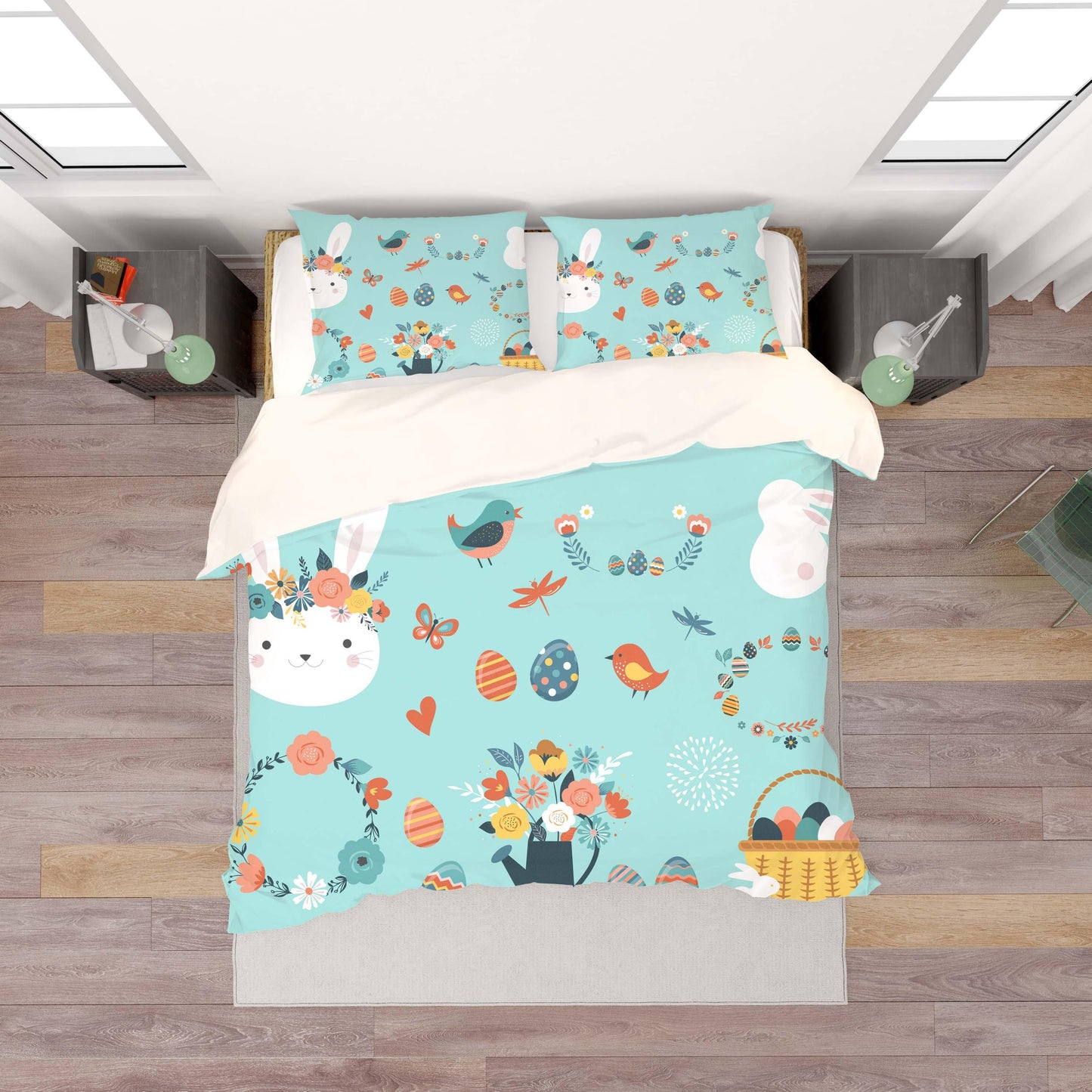 3D Blue Rabbit Birds Floral Eggs Basket Butterfly Quilt Cover Set Bedding Set Duvet Cover Pillowcases SF46