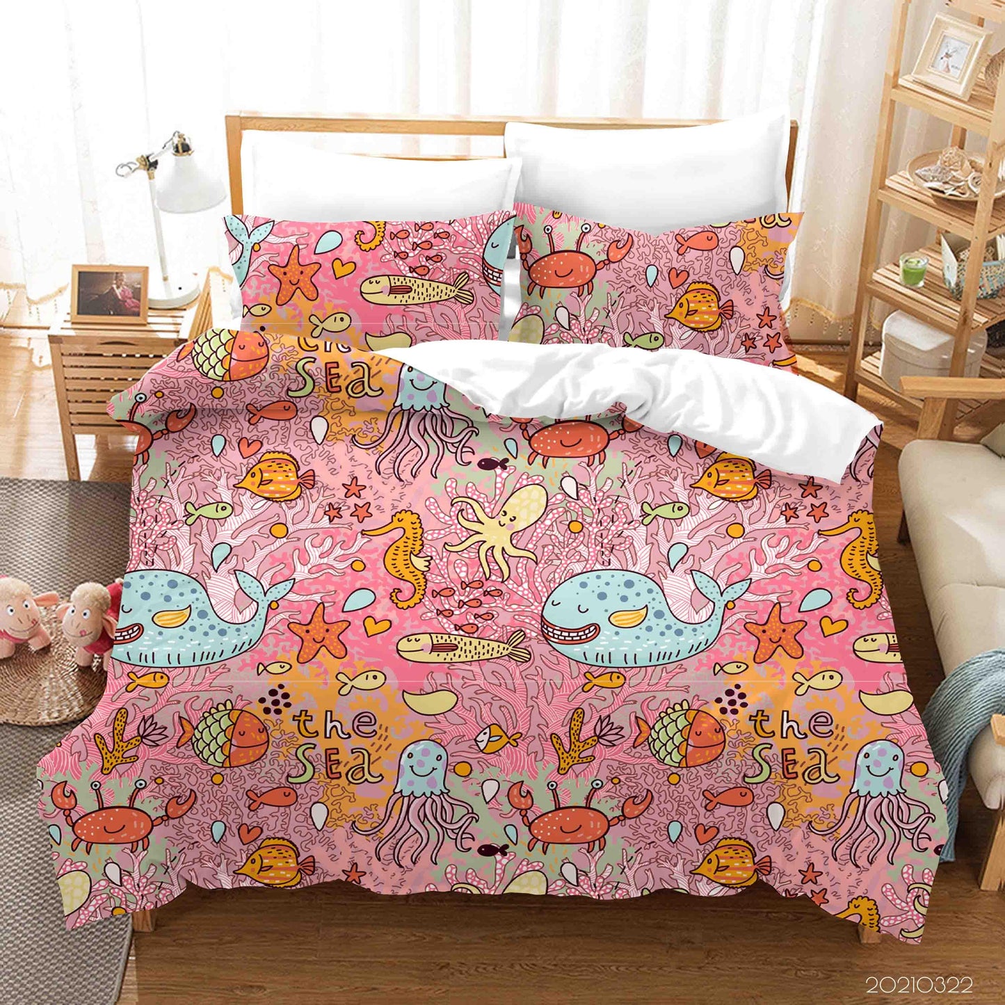 3D Cartoon Pink Sealife Quilt Cover Set Bedding Set Duvet Cover Pillowcases 27 LQH