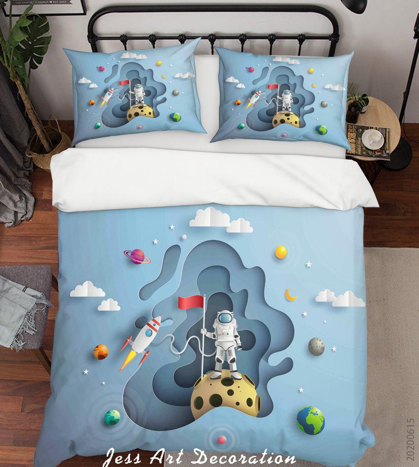 3D Blue Astronaut Planet Rocket Quilt Cover Set Bedding Set Duvet Cover Pillowcases SF06
