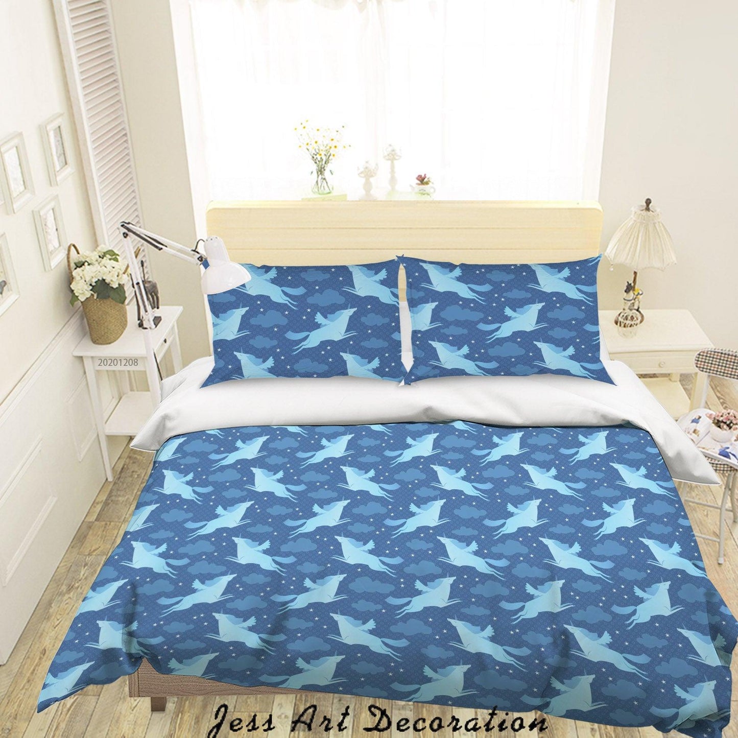 3D Cartoon Blue Unicorn Cloud Pattern Quilt Cover Set Bedding Set Duvet Cover Pillowcases LXL