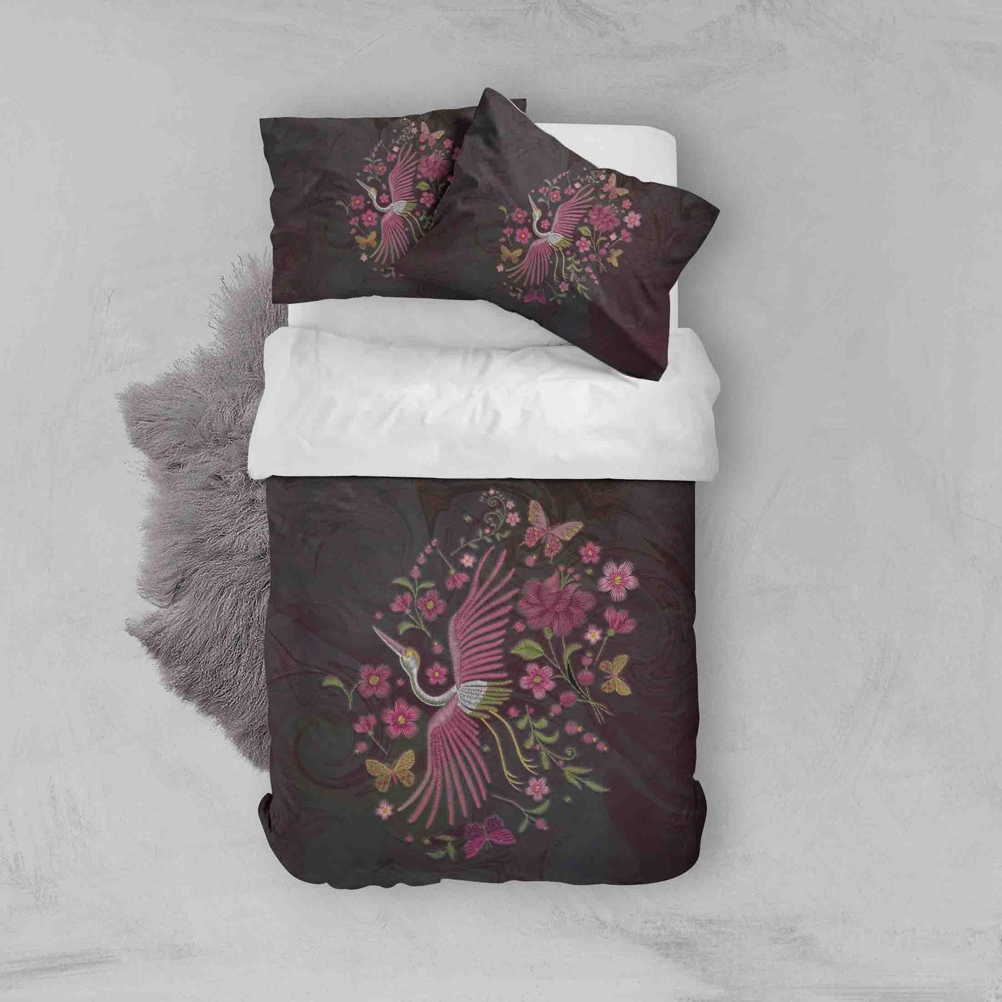 3D Black Pink Embroidery Crane Butterfly Floral Quilt Cover Set Bedding Set Duvet Cover Pillowcases SF