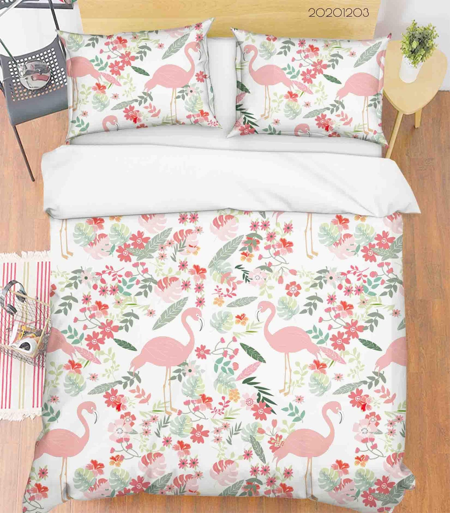 3D Cartoon Hand Drawn Pink Flamingo Animal Floral Leaves Plant Quilt Cover Set Bedding Set Duvet Cover Pillowcases LXL