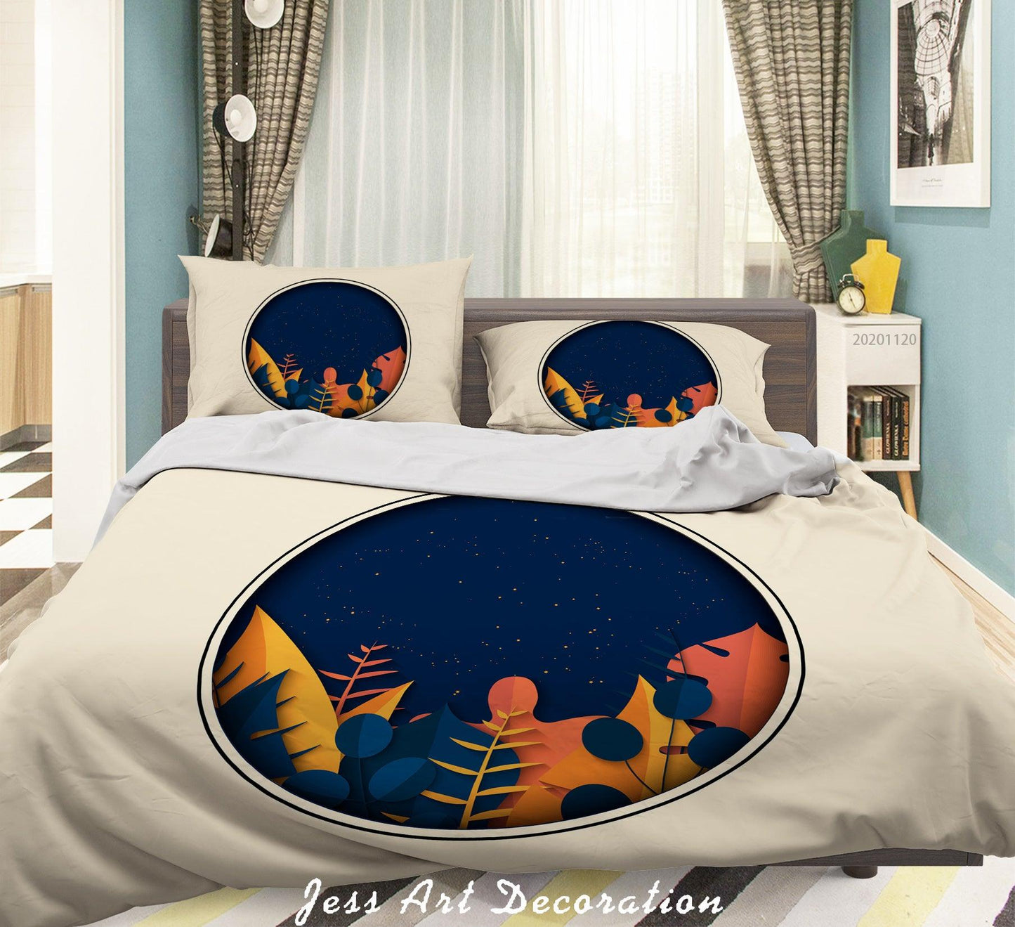 3D Autumn Leaves Plant Blue Quilt Cover Set Bedding Set Duvet Cover Pillowcases LXL