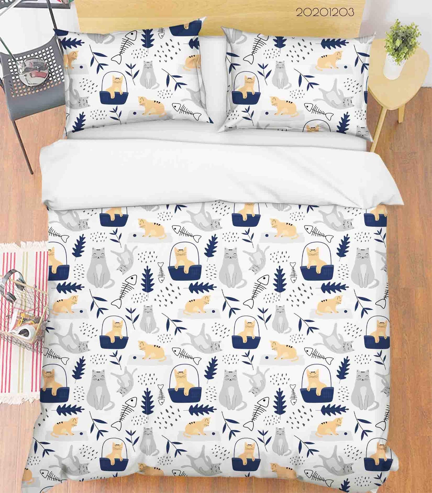 3D Cartoon Hand Drawn Cat Animal Tree Plant Quilt Cover Set Bedding Set Duvet Cover Pillowcases LXL