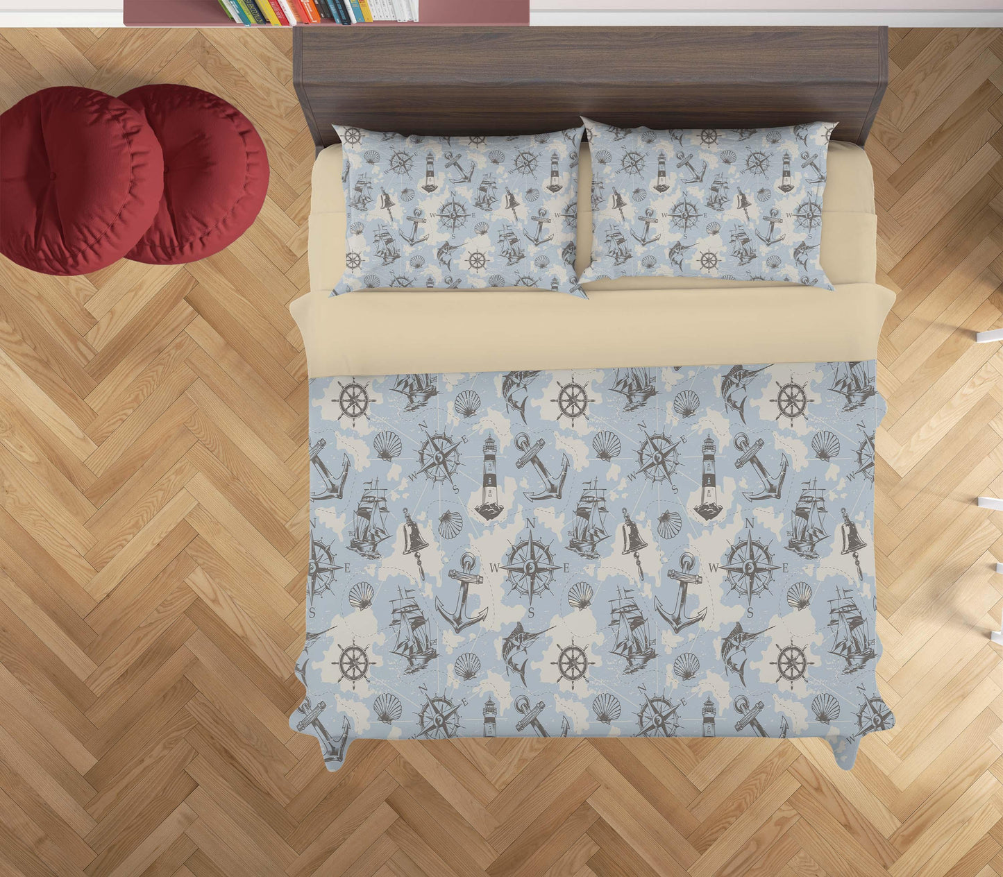 3D Blue Lighthouse Anchor Rudder Shell Fish Bell Compass Quilt Cover Set Bedding Set Duvet Cover Pillowcases SF31