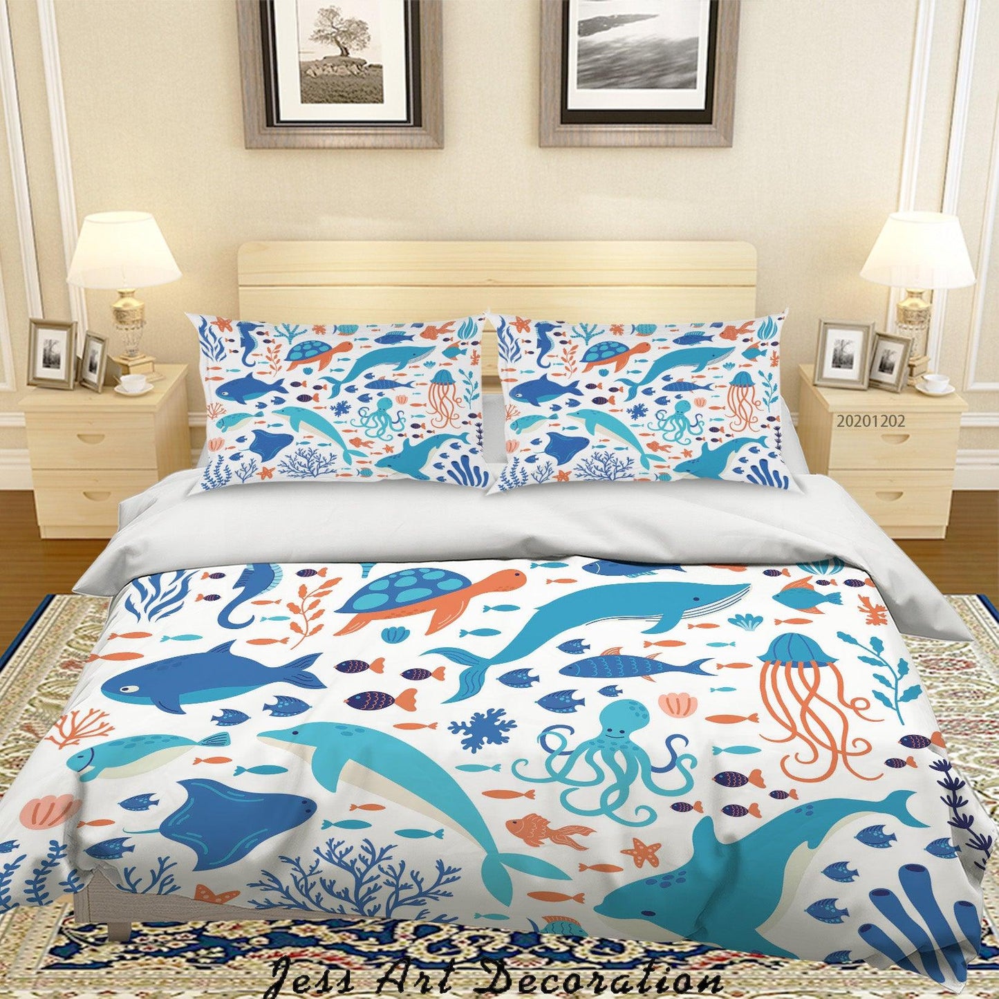 3D Cartoon Colorful Ocean Dolphin Octopus Whale Fish Seaweed Quilt Cover Set Bedding Set Duvet Cover Pillowcases LXL