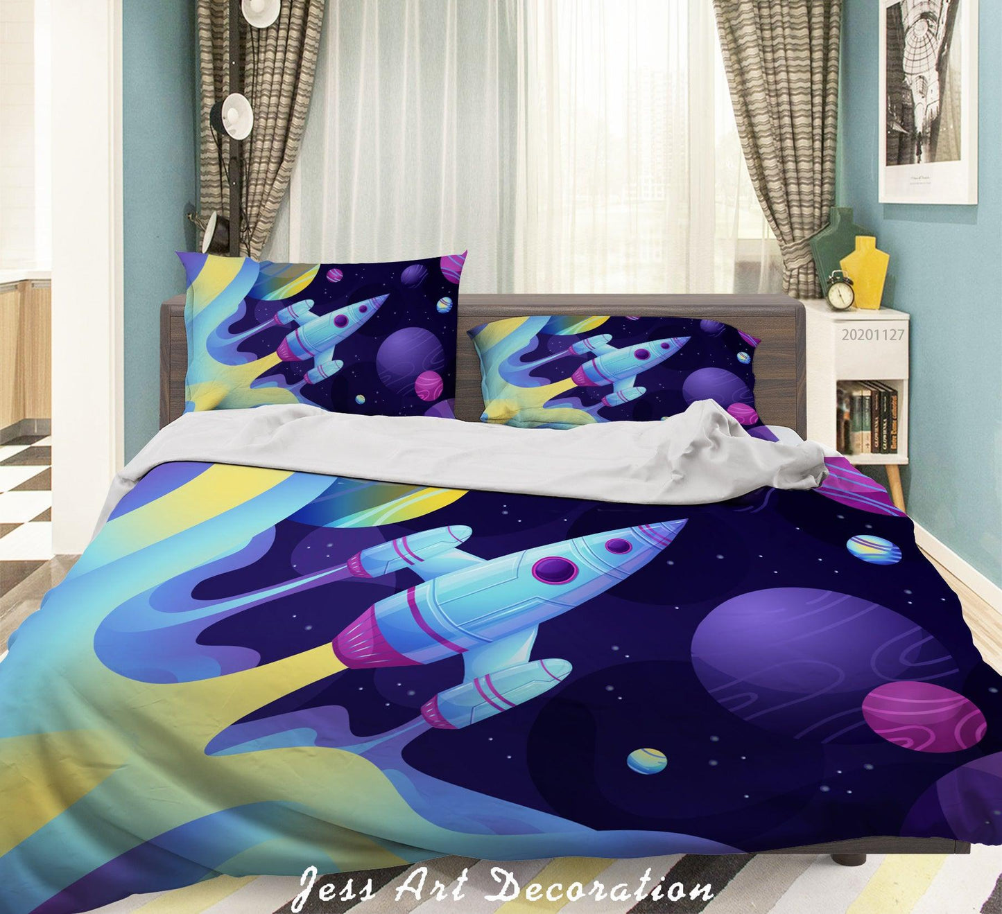 3D Cartoon Colorful Space Planet Rocket Quilt Cover Set Bedding Set Duvet Cover Pillowcases LXL