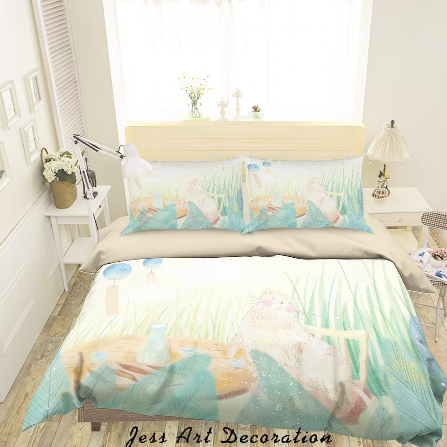 3D Cartoon Cat Green Leaf Quilt Cover Set Bedding Set Duvet Cover Pillowcases A581 LQH