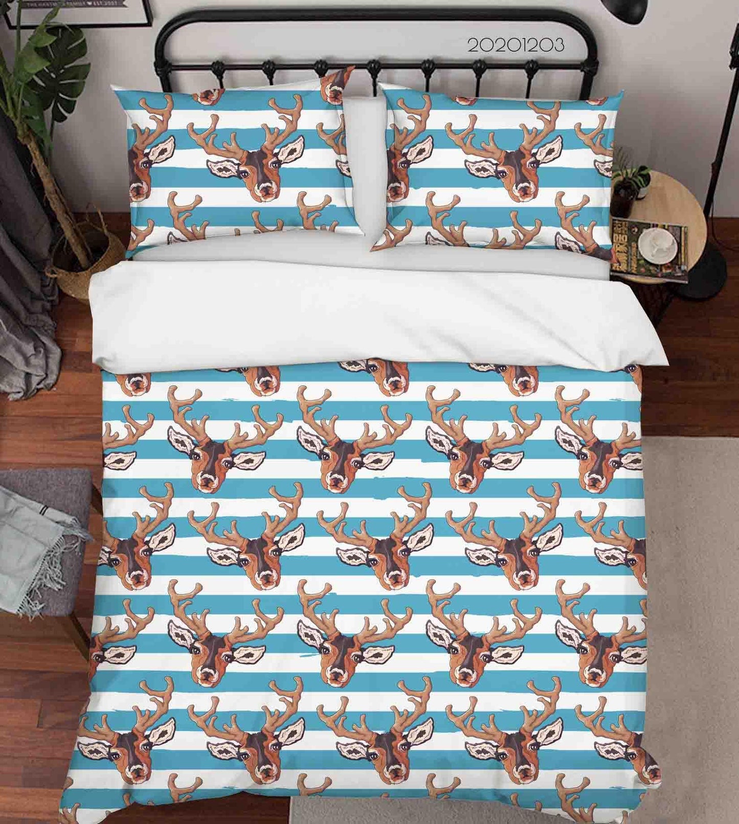 3D Cartoon Hand Drawn Buck Animal Blue Stripe Pattern Quilt Cover Set Bedding Set Duvet Cover Pillowcases LXL