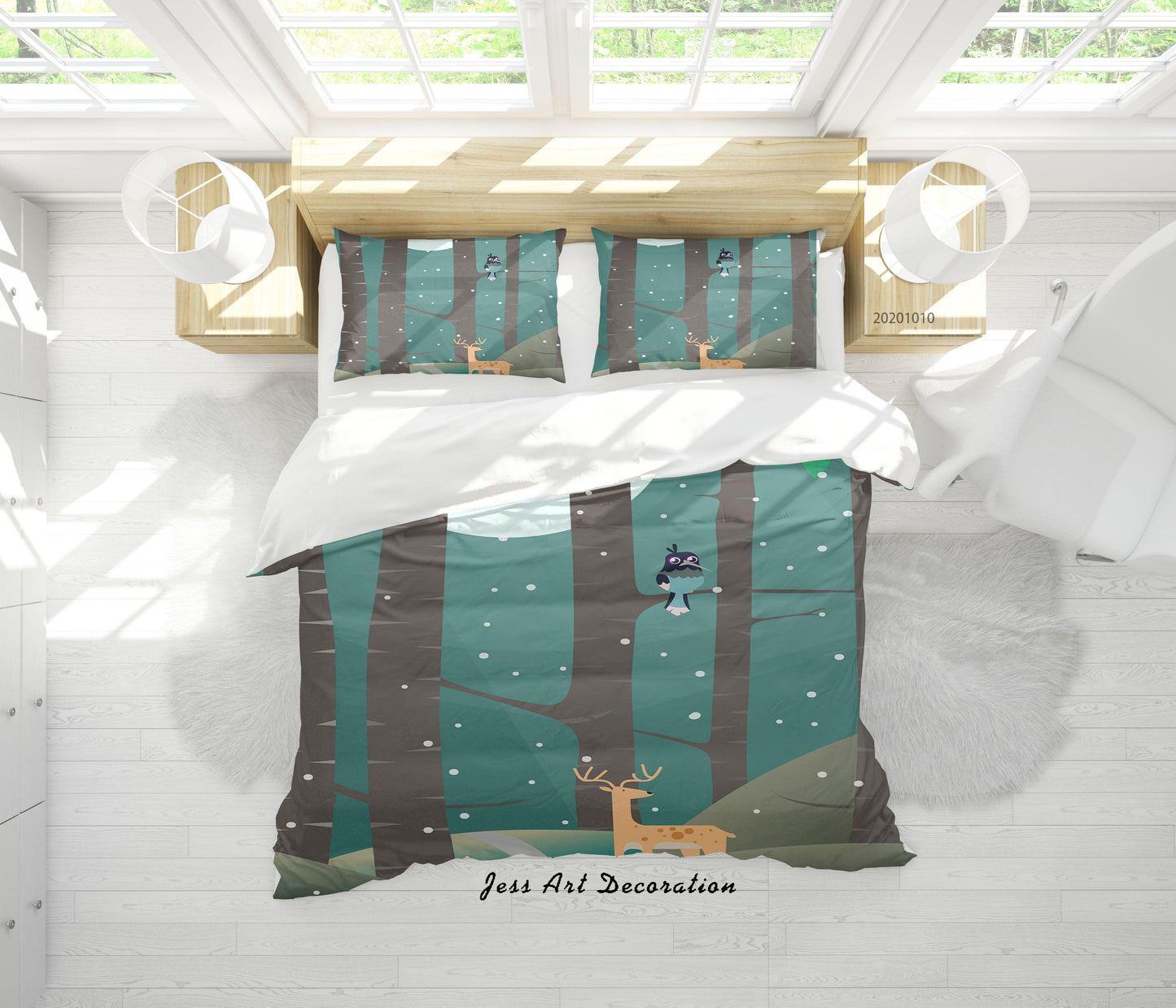 3D Cartoon Animal Forest Deer Bird Quilt Cover Set Bedding Set Duvet Cover Pillowcases WJ 9587
