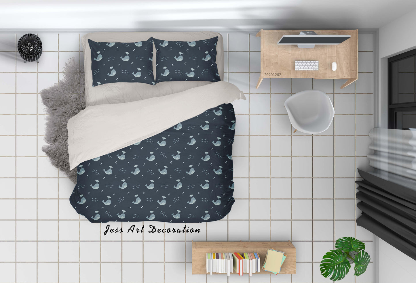 3D Cartoon Hand Drawn Ocean Whale Pattern Dark Quilt Cover Set Bedding Set Duvet Cover Pillowcases LXL