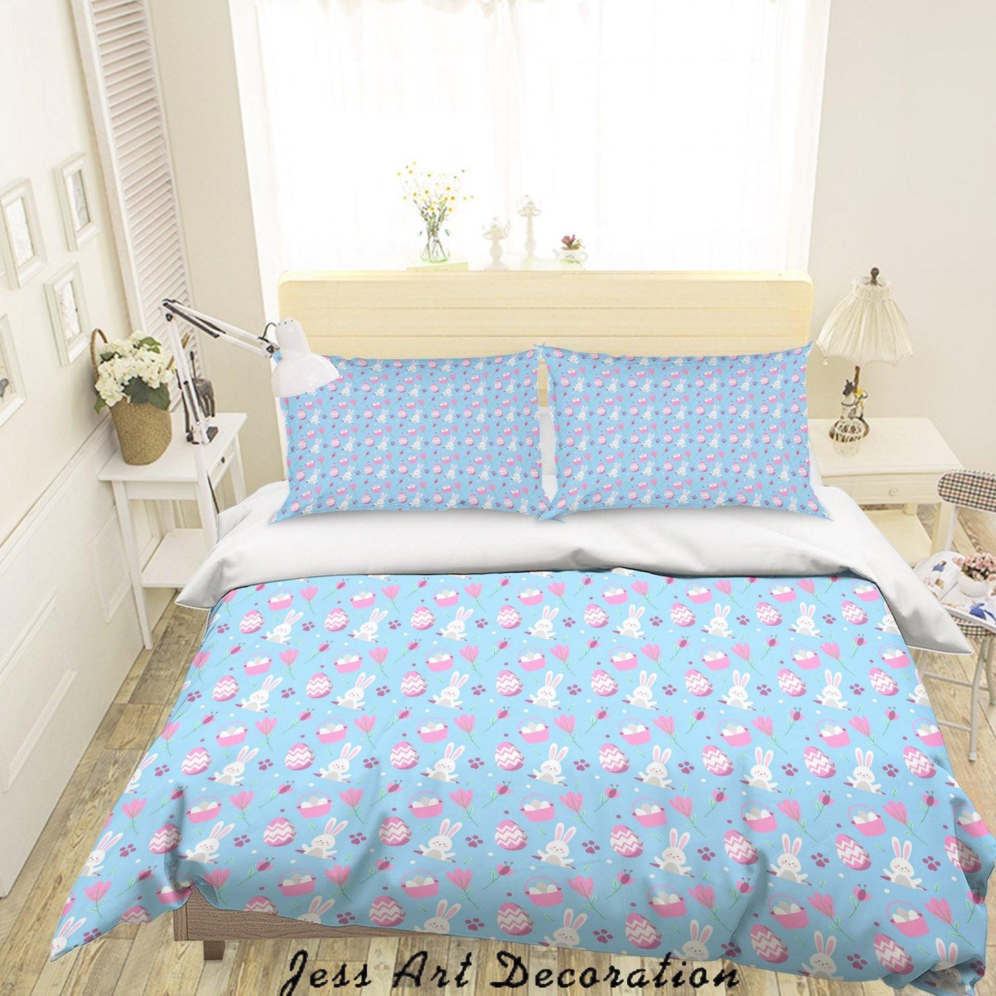 3D Blue Rabbit Eggs Floral Footprint Quilt Cover Set Bedding Set Duvet Cover Pillowcases SF25