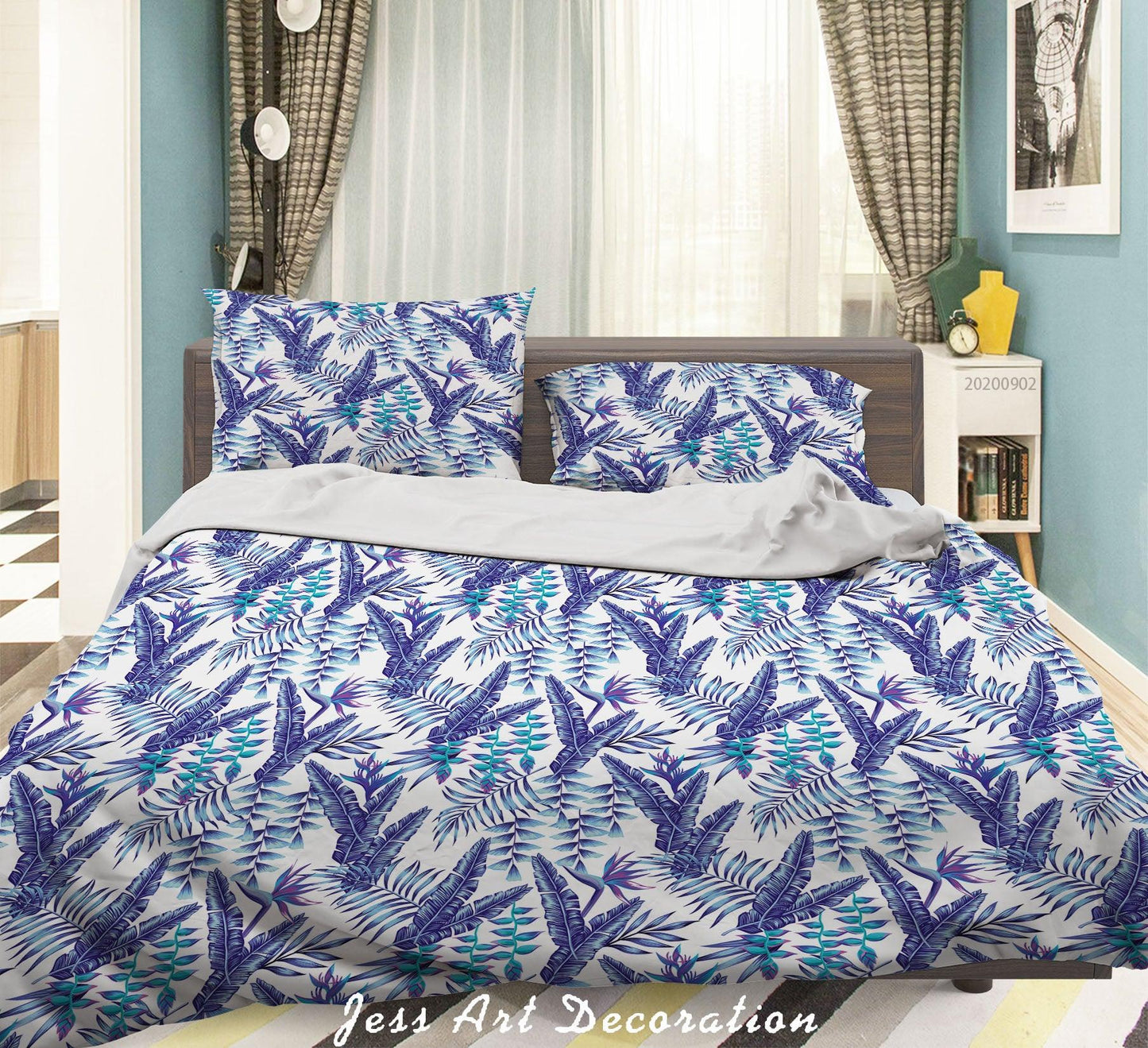 3D Blue Leaves Pattern Quilt Cover Set Bedding Set Duvet Cover Pillowcases WJ 1411