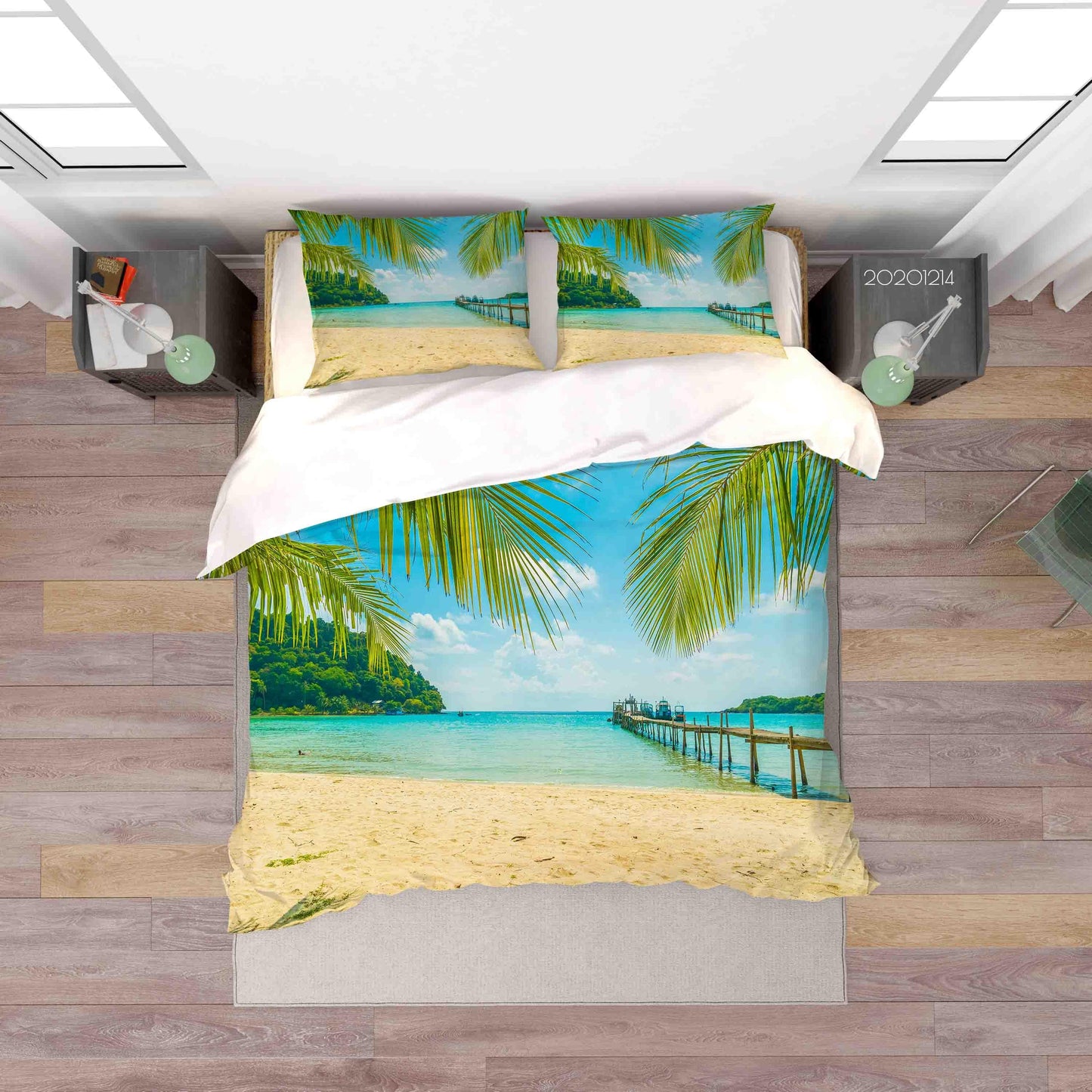 3D Blue Ocean Beach Palm Tree Plant Wooden Bridge Quilt Cover Set Bedding Set Duvet Cover Pillowcases LXL