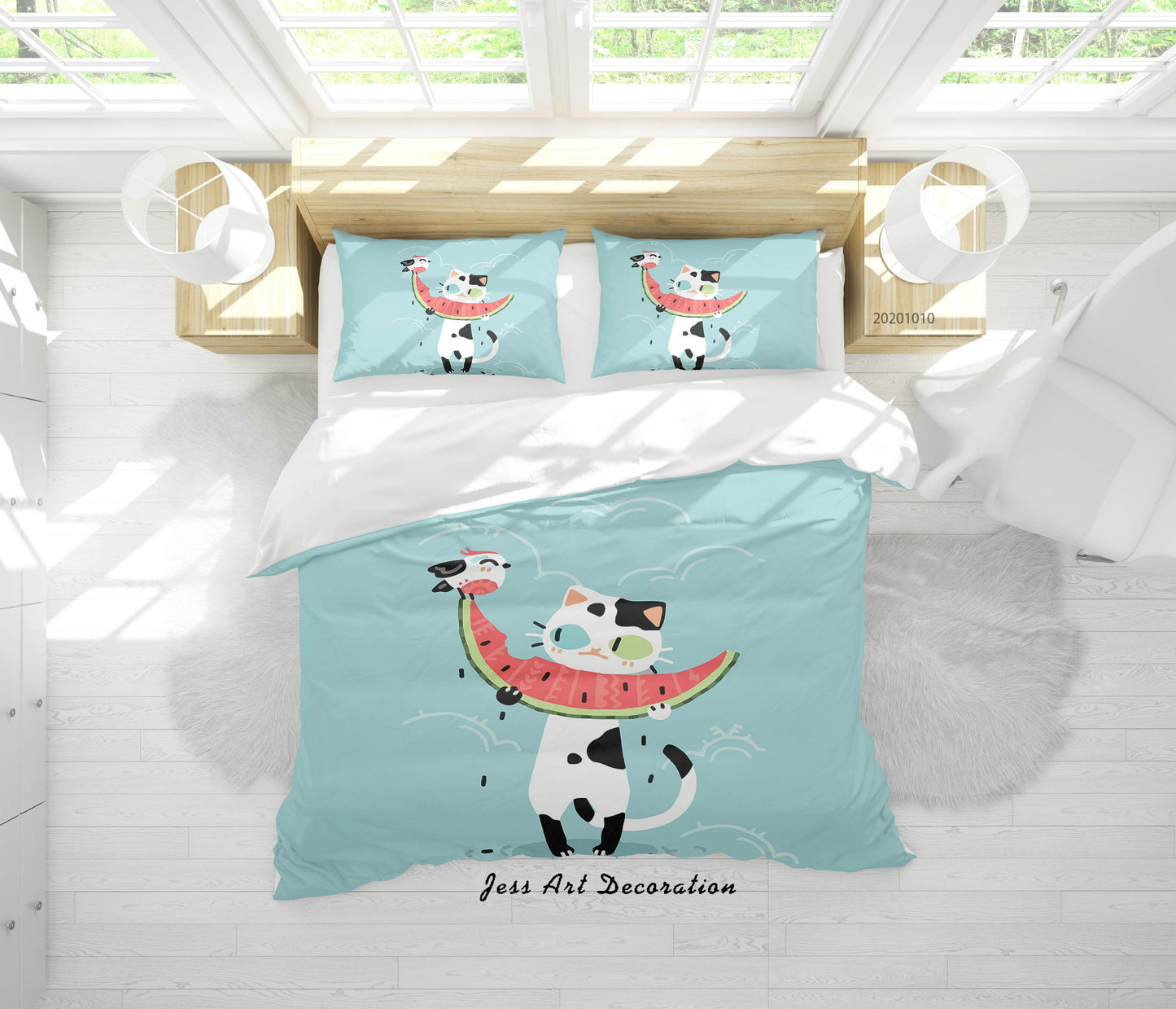 3D Cartoon Animal Cat Watermelon Quilt Cover Set Bedding Set Duvet Cover Pillowcases WJ 9580
